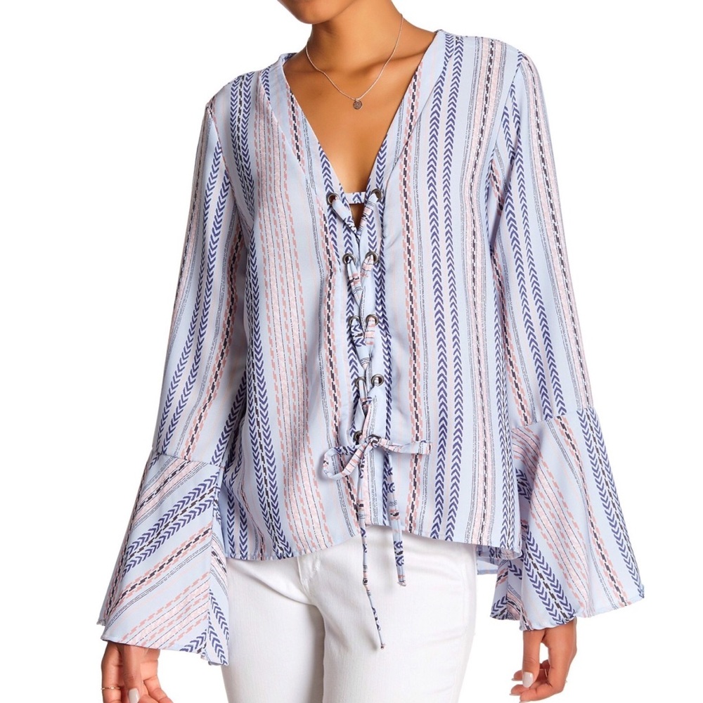 Vintage America Lace up front top dramatic fluted sleeve top blouse
